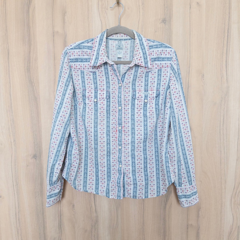 Lucky Brand Dungarees Womens Western Snap Shirt XL Blue Floral Stripe Pearl Snap